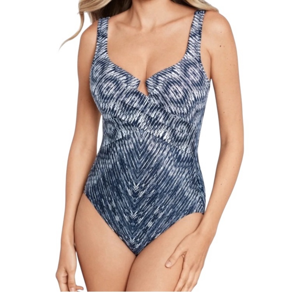 Miraclesuit Silver Shores Escape Summer One-Piece Swimsuit Blue White Size 14